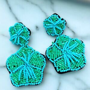Blue & Green Beaded Flower Earrings NEW
